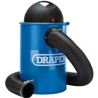 Blue Draper 50L dust extractor with black dome lid, flexible hose, and prominent logo on the side.