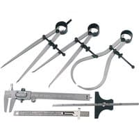 "Draper 6 Piece Measuring Set with calipers, dividers, and protractor in silver metal finish with black accents"