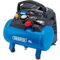 Blue Draper 6L oil-free air compressor with black handle, pressure gauge, and red valve on top.