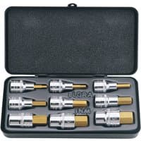 Black case with nine silver and gold hex socket bits, neatly arranged in foam slots.