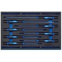 Draper 8 Piece Precision Screwdriver Set with blue and black handles in a foam organizer tray.