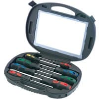 Draper 8 piece screwdriver set with colored handles in a black storage case with clear lid.