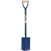 Blue Draper All Steel Spade with wooden handle grip and flat blade.