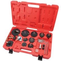 Red Draper BBAK Expert Brake Bleeder Adaptor Kit with various black adaptors and metal fittings in a molded case.