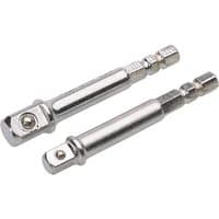 "Draper BCS 1/4'' and 3/8'' square drive adaptors, silver metal, hex shank, ball detent for secure socket attachment"