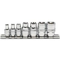 Draper 7-piece TX-STAR socket set, chrome finish, 1/4'' and 3/8'' square drive, arranged on a metal rail.