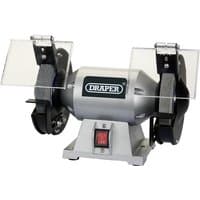 Gray Draper bench grinder with dual 150mm grinding wheels, clear safety shields, and central power switch.