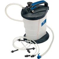Draper BFE1 Expert Pneumatic Brake Fluid Extractor, white tank, blue handle, attached hoses, black base.