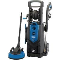 "Draper black and blue pressure washer with hose reel, spray gun, and wheels, 230V, 2500W, 195 Bar capacity"