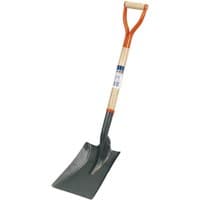 Draper Builder’s Square Mouth Shovel with wooden handle, orange grip, and wide black metal blade.