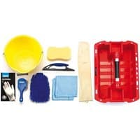 Draper Car Valet Kit with yellow bucket, red tray, sponge, cloths, brush, mitt, squeegee, and gloves.