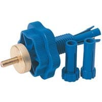 Blue Draper Clutch Mate tool with gold threaded knob and two blue adapters.