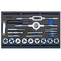 Draper tap and die set with silver tools in black EVA foam tray, including taps, dies, and handles.