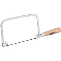 Draper coping saw with silver metal frame, thin blade, and wooden handle.