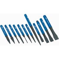 Blue-handled Draper CP12NP set with 12 cold chisels and punches, varying sizes, flat and pointed tips.