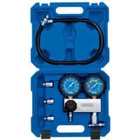 Blue Draper Cylinder Leakage Kit with dual gauges, hoses, and connectors in a sturdy blue carrying case.