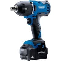 Draper D20 blue and black cordless impact wrench with 1/2" square drive, two 4.0Ah batteries, and charger.
