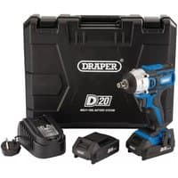 Blue and black Draper D20 impact wrench with two 2Ah batteries, charger, and black carrying case.
