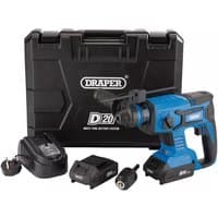 Blue and black Draper D20 rotary hammer drill with two 2Ah batteries, charger, and hard carrying case.