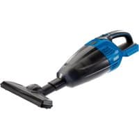 Blue and black Draper D20 20V cordless vacuum cleaner with ergonomic handle and flat nozzle attachment.