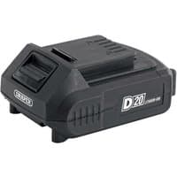 Black Draper D20 20V lithium-ion battery with 2.0Ah capacity, compact rectangular shape, and visible brand logo.