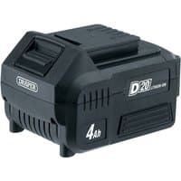 Black Draper D20 20V lithium-ion battery, 4.0Ah capacity, with textured grip and visible branding on the side.