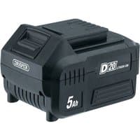 Black Draper D20 20V lithium ion battery with 5.0Ah capacity, featuring a compact rectangular design and branded label.