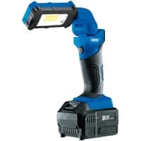 Blue and black Draper D20 LED inspection light with flexible head and ergonomic grip, shown as a bare unit without battery.