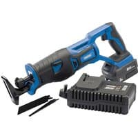 Blue and black Draper D20 cordless reciprocating saw with brushless motor, 3Ah battery, fast charger, and two blades.