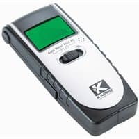 Black and white Draper D389 detector with green screen and side buttons for metal, voltage, and stud detection.