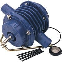 Blue Draper DPP2 drill powered pump with ribbed body, metal handle, and attached hoses.