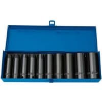 Draper Expert deep impact socket set, 10 black sockets in a blue metal case, 1/2" square drive, Hi-Torq metric design.