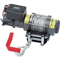Draper Expert 1134kg recovery winch with steel rope, black motor housing, red strap, and silver hook.