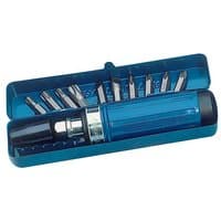 Blue Draper Expert impact screwdriver set with 12 steel bits in a matching blue plastic case.