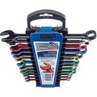 13-piece colored combination spanner set with Hi-Torq design, organized in a blue plastic holder with handle.