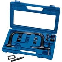 "Draper Expert 132MM valve spring compressor in blue case with multiple attachments and black handle"
