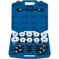 Blue Draper Expert 27-piece kit with silver discs and black handles in a molded carrying case.