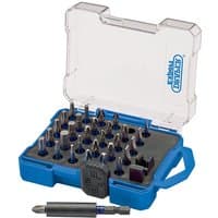 Blue Draper Expert 31 Piece Impact Screwdriver Bit Set in a clear-lid case with various bits and a magnetic holder.