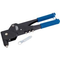 Black Draper Expert 360° riveter with blue handles and four interchangeable nozzles, includes a small wrench.