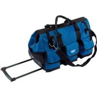 Blue Draper Expert 550mm rolling tool bag with black handles, multiple pockets, and retractable handle.