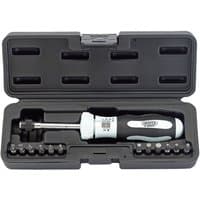 Black and white Draper Expert torque screwdriver kit in a black case with multiple interchangeable bits.