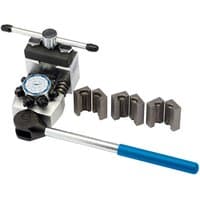 Draper Expert Brake Pipe Flaring Kit with silver clamp, blue-handled lever, and four metal dies.