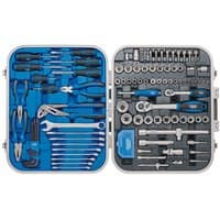 Draper Expert 127 Piece Mechanics Tool Kit with blue and black handles, sockets, wrenches, and pliers in a gray case.