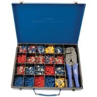 Blue Draper ratchet crimping tool with assorted red, blue, yellow terminals in a blue compartmentalized case.