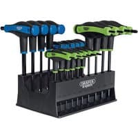 Draper Expert 20-piece T-handle hex and TX-STAR key set with black handles, blue and green grips, in a black stand.