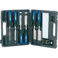 Draper Expert wood chisel kit with blue soft grip handles, 8 pieces in a black plastic case with sharpening stone.