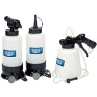 Draper Expert brake bleeding kit with three white bottles, black caps, and attached hoses.