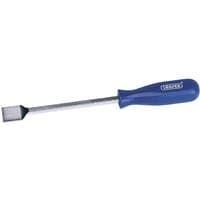 Blue-handled Draper gasket scraper with a flat metal blade and ergonomic grip.
