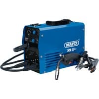 Blue Draper Gasless MIG Inverter Multi-Welder with control knobs, cables, and black handle, 120A capacity.