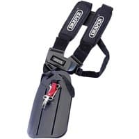 Black Draper GTH2 safety harness with padded shoulder straps and adjustable waist belt for grass and brush cutters.